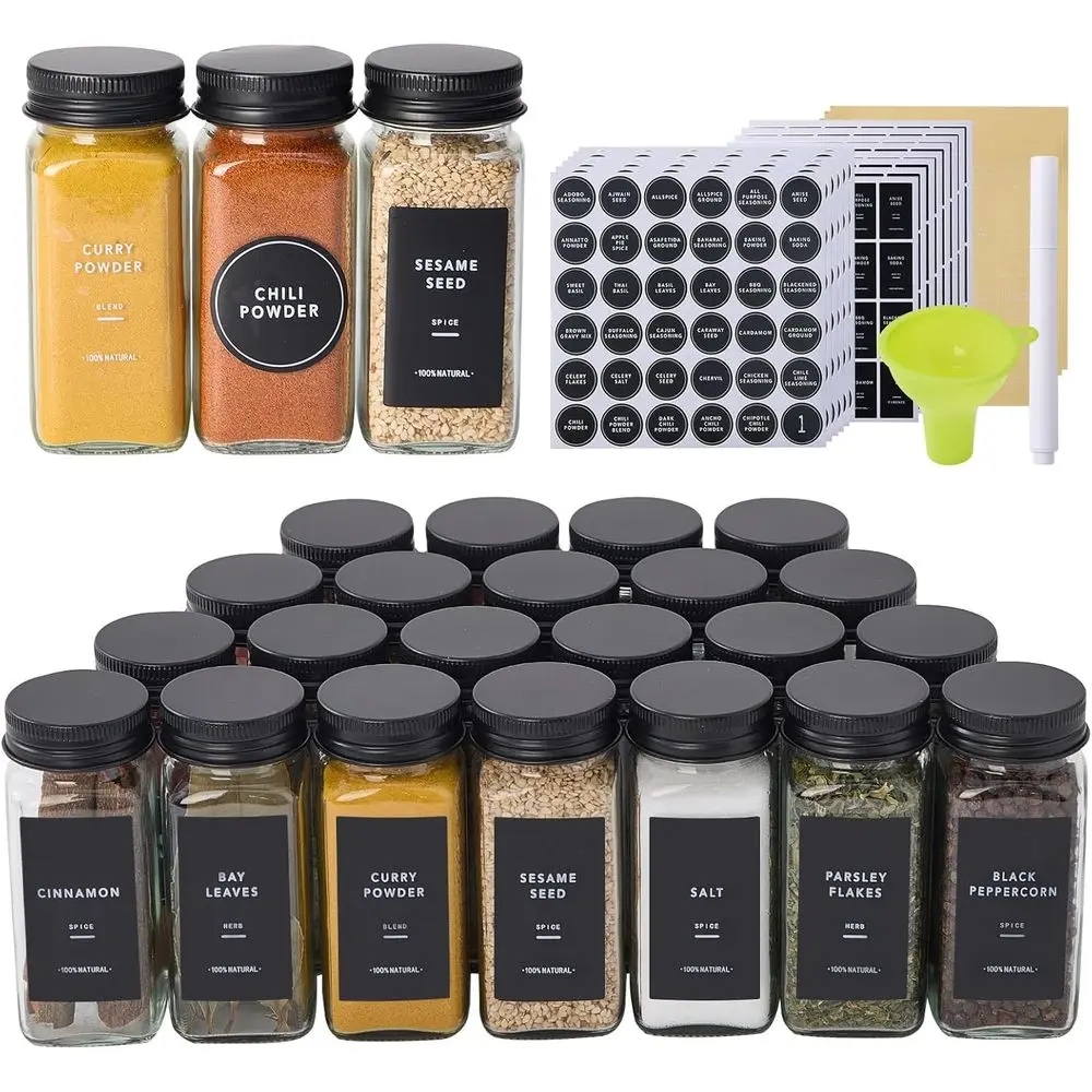 

48 Glass Spice Jars with 576 Labels, 4oz Empty Square Spice Containers with Shaker Lids