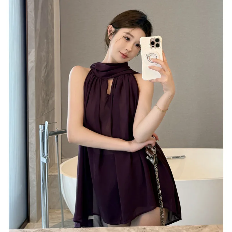 

Летние свободные топы с воротником-халтером для женщин, без рукавов, средней длины, из шифона, сексуальные корейские шикарные пуловеры-рубашки 2026 года