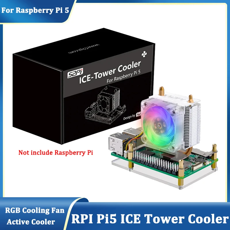 

Raspberry Pi 5 ICE Tower Cooler Медный трубчатый радиатор процессора с активным охлаждением и 4 см RGB светодиодной подсветкой Вентилятор охлаждения для Raspberry Pi 5