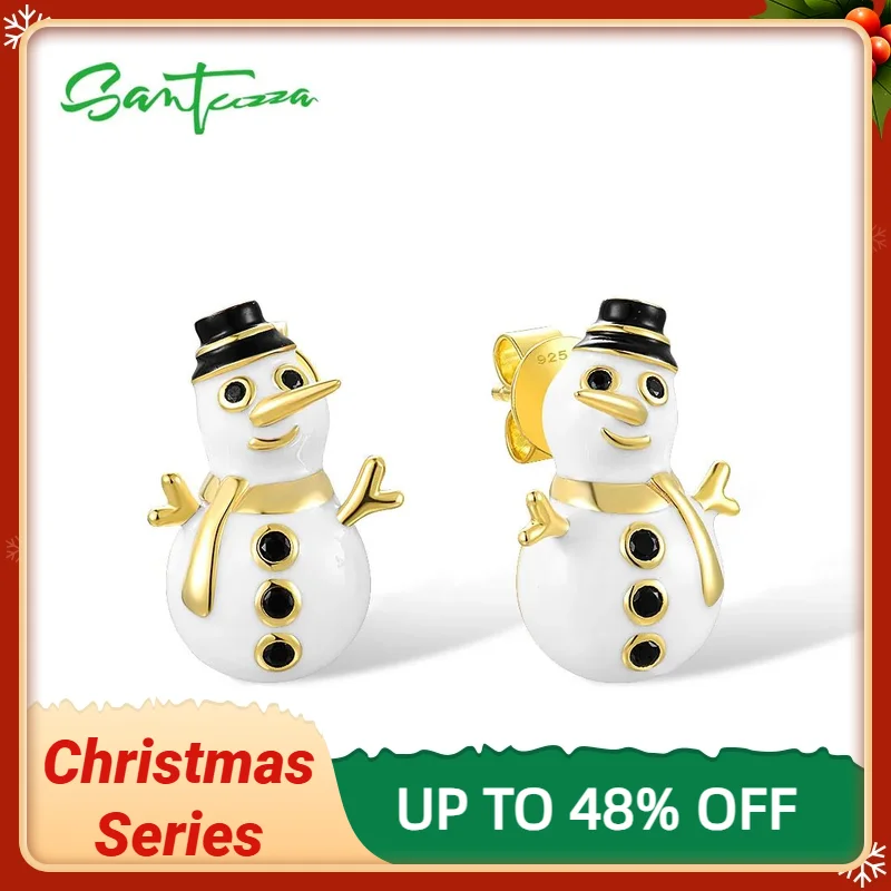 

SANTUZZA 925 Sterling Silver Stud Earrings For Women Black Spinel Christmas Snowman Party Gifts Fine Jewelry Handmade Enamel