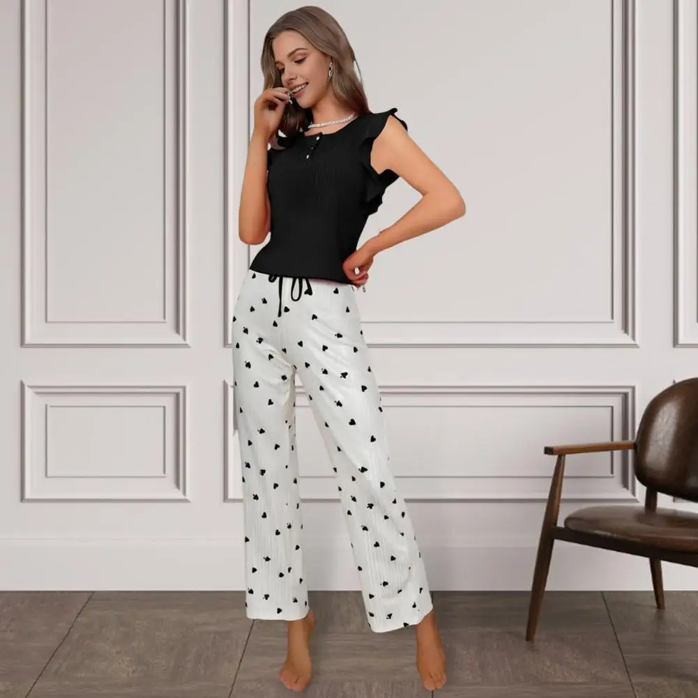 

Women Pajama Set Spring Autumn Pajamas Cozy Heart Print Pajama Set for Women Crewneck Ruffle Cap Sleeve Sleepwear Soft Lounge