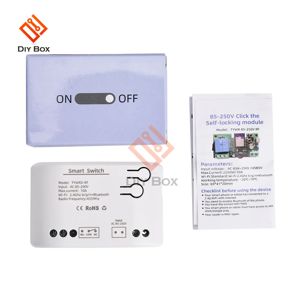 1CH Work With Tuya Smart Remote Control Wireless Wifi Switch Module DC7-32V AC85-250V 2200W RF Receiver 10A wifi Relay DIY