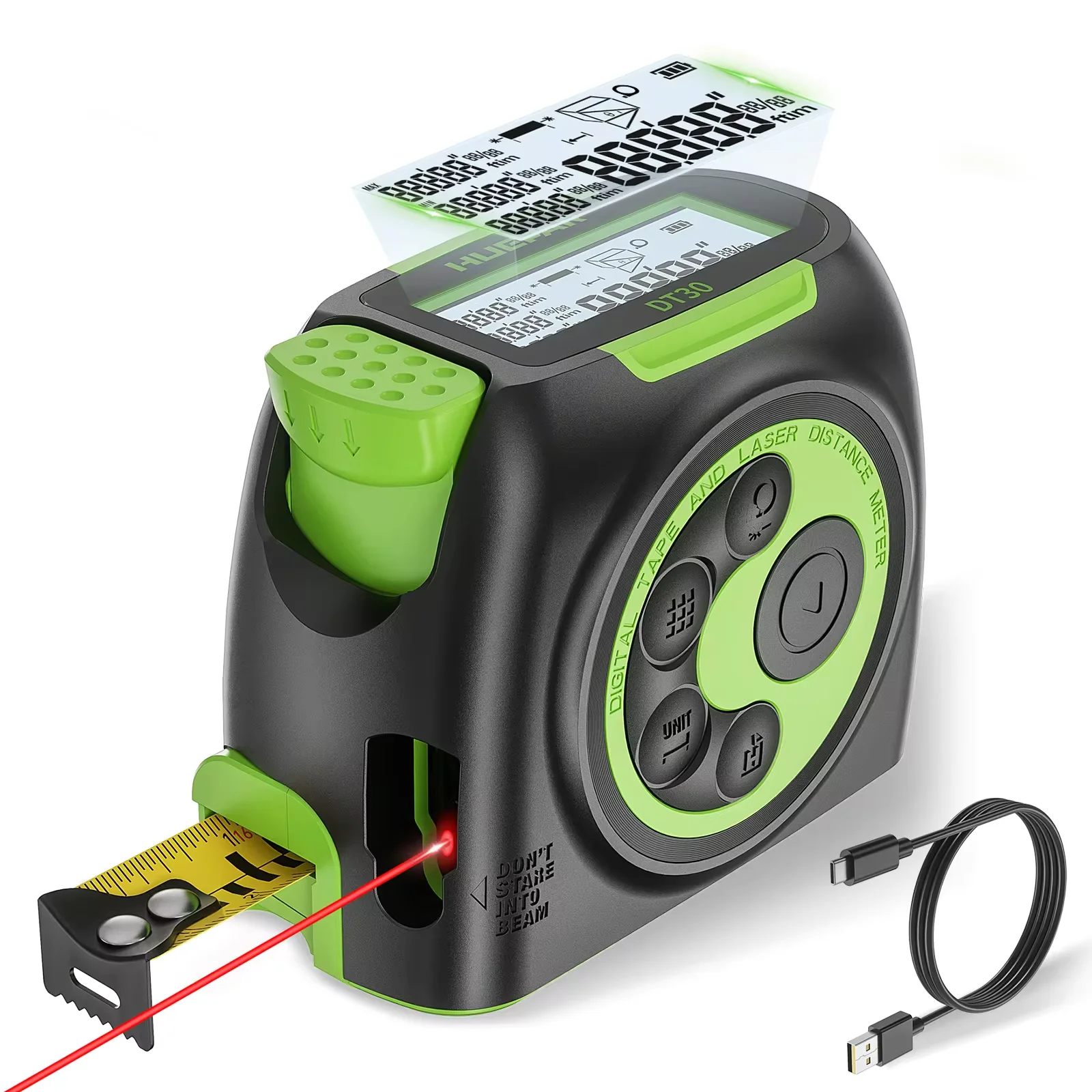 

Huepar DT30 Digital 60M 197ft Laser Measuring 2-in-1 Tape Measure With Measurement LCD Display Inch / Cm Scalable Distance Meter