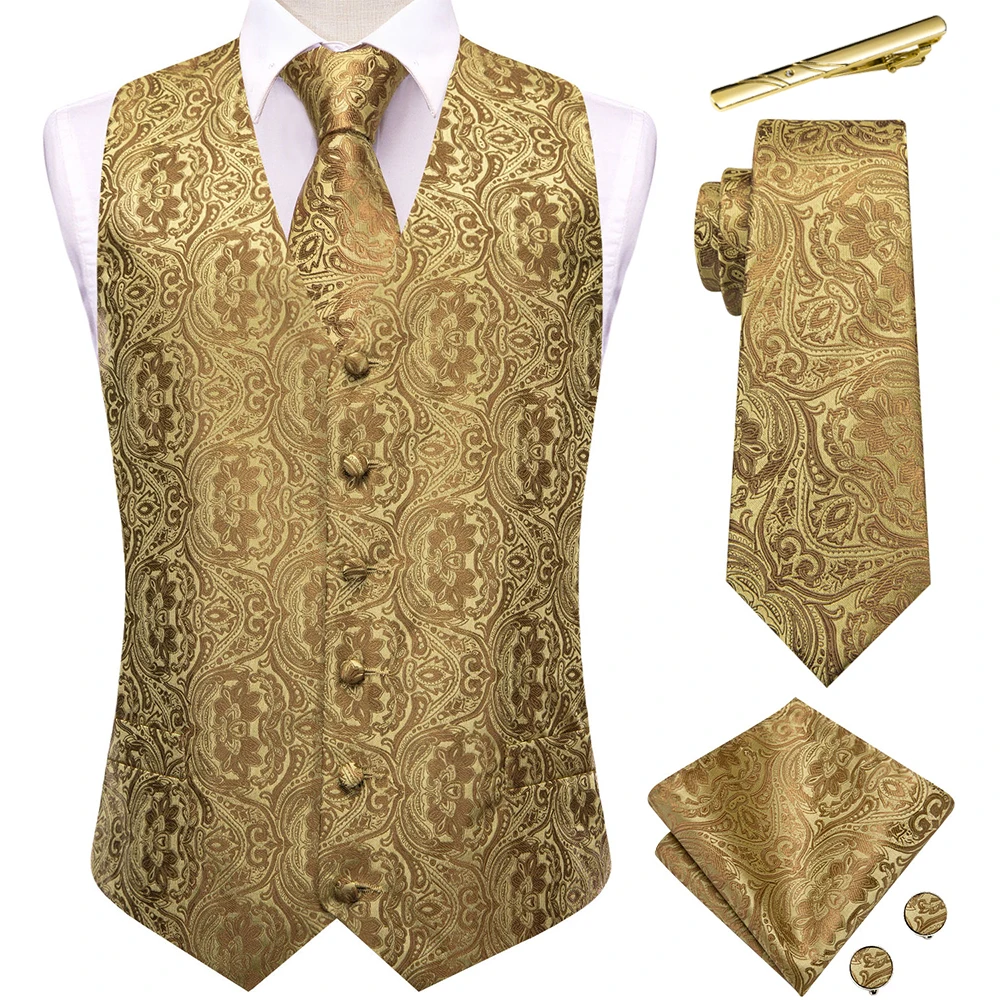 Fashion Brown Silk Vest For Men Jacquard Sleeveless V-Waistcoat Jacket Necktie Hanky Cufflinks Clips Sets Wedding Party Hi-Tie