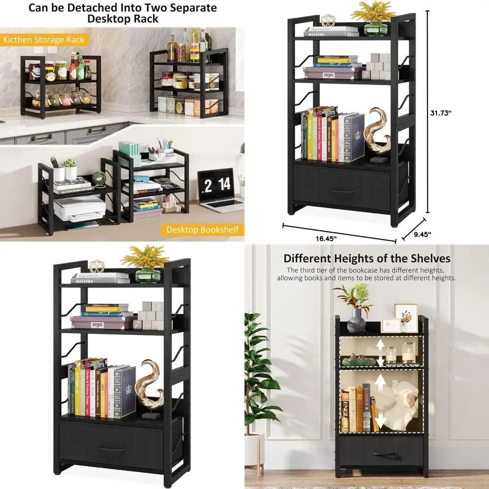 

4-Tier Wooden Bookshelf with Drawer: Industrial Style Narrow Storage Organizer, Stackable Metal Shelves for Home Office, Bedroom