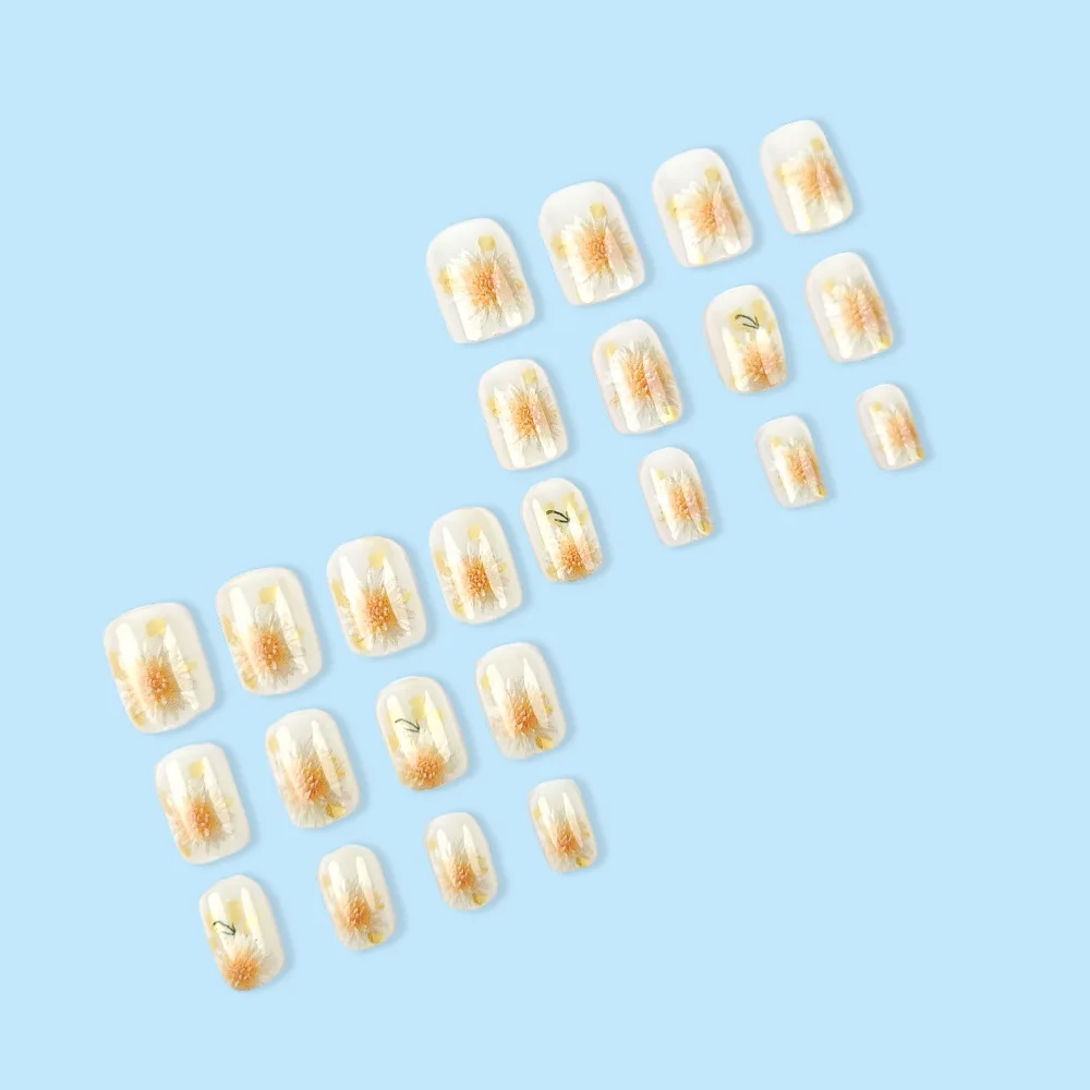 24 ピース/箱偽爪美的二重層フラワーショートヨーロッパスクエアタイププレスオンネイルピース友人へのギフトとして適しています