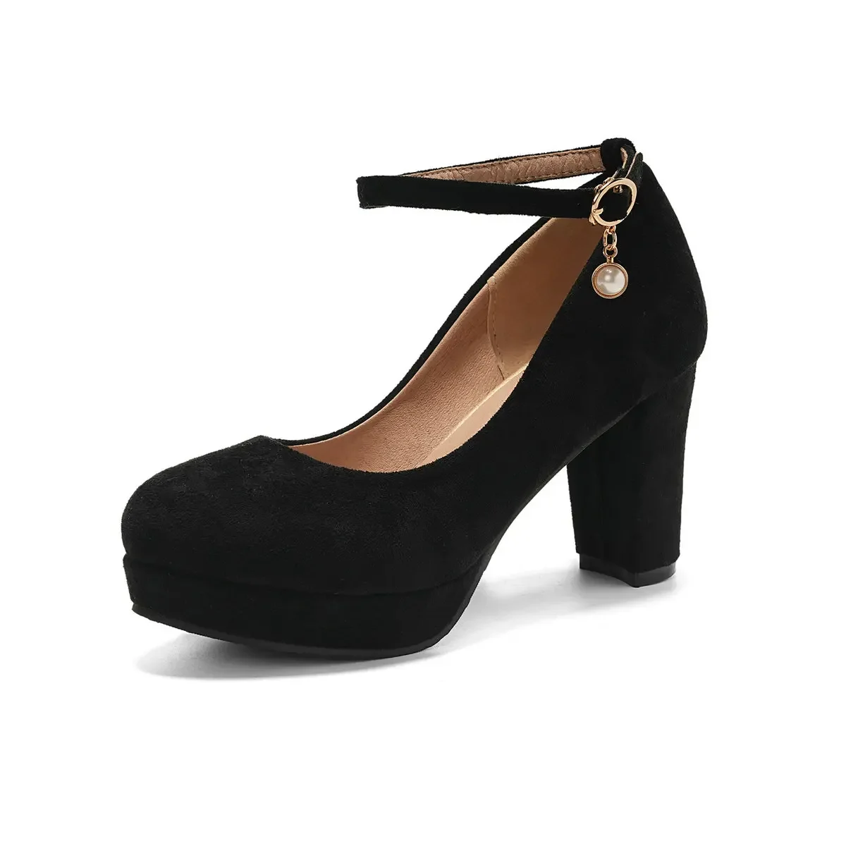

Womens Chunky High Heel Ankle Strap Pumps Round Toe Platform Sweet Elegant Dress Shoes Plus Size 31-48