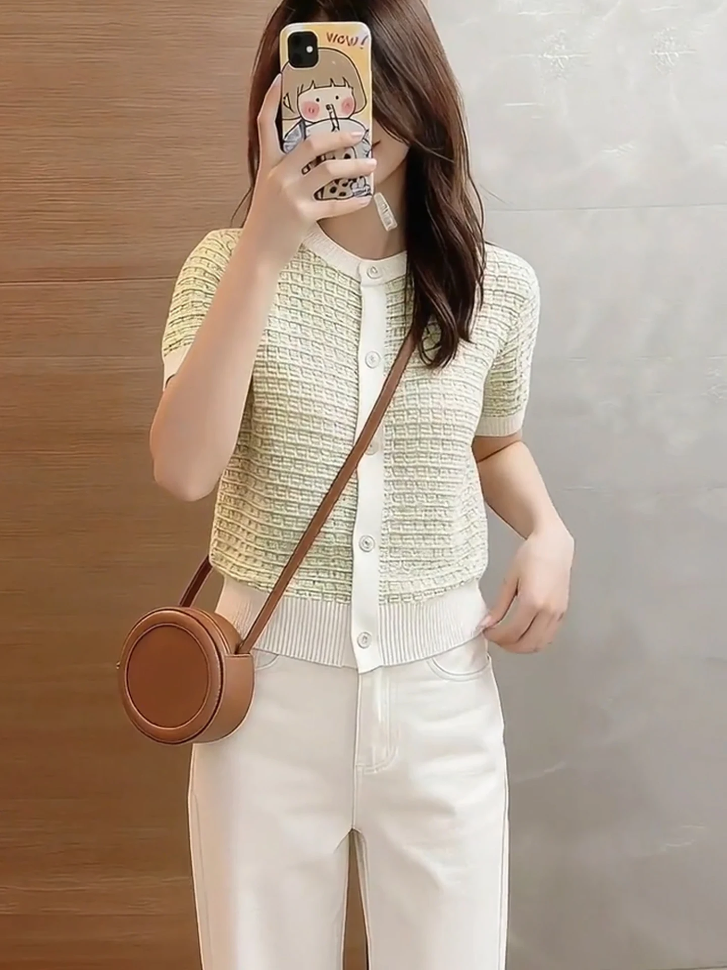 Fashionable Commute Short Sleeve Knitwear Women's Single Button Color Block Design Summer Unique Exquisite Sun Protection Top