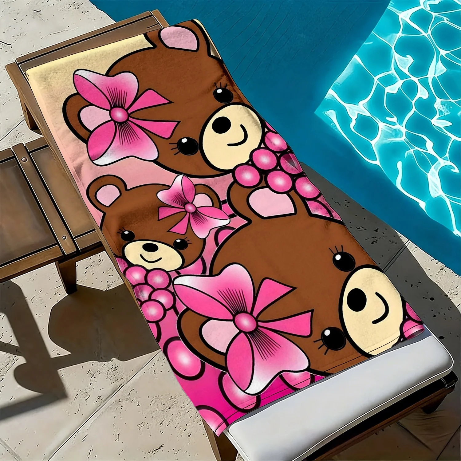 

Cartoon little bear with pink flower polyester microfiber beach towel is highly absorbent, suitable swimming and beach outings