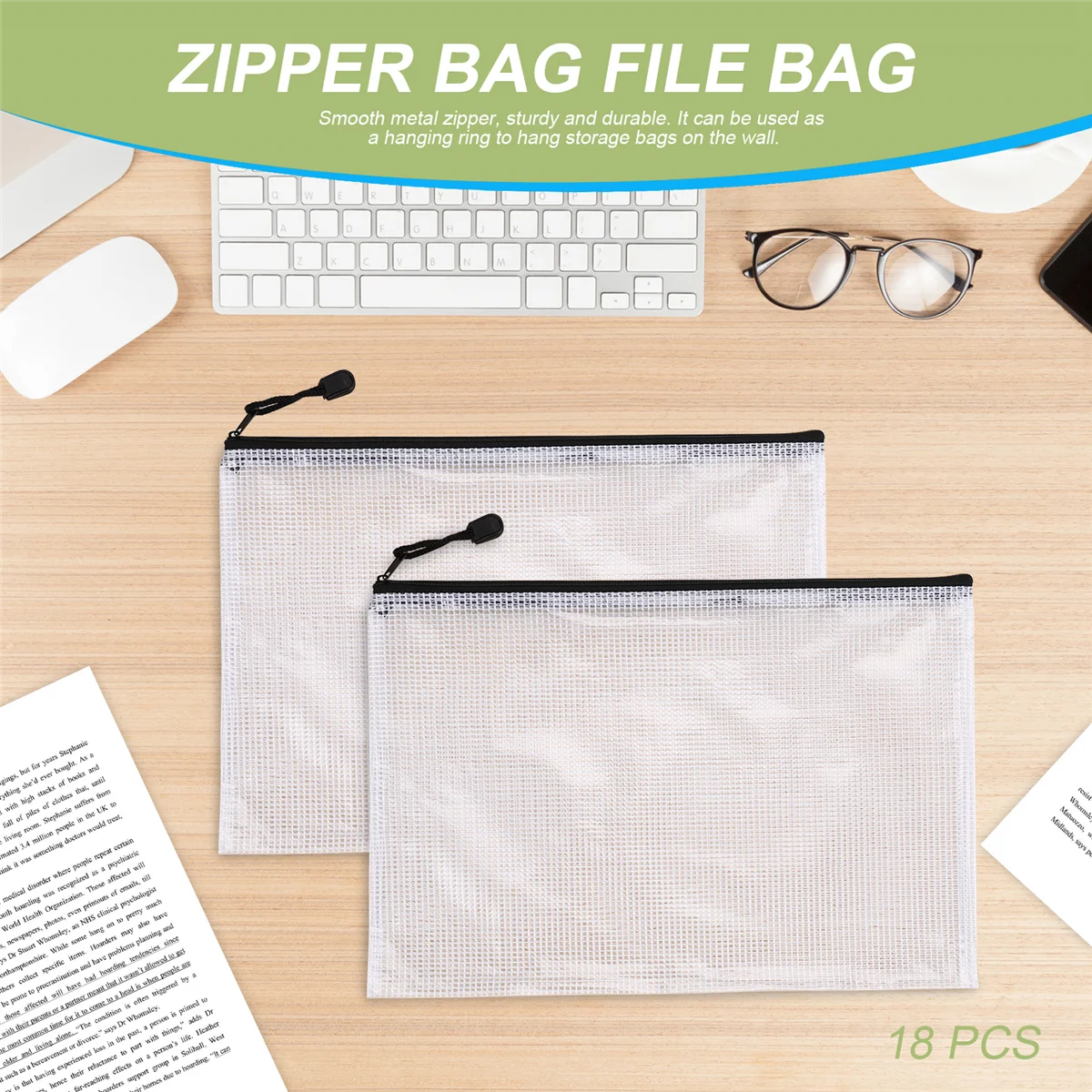 حقيبة مستندات مقاومة للماء بسحاب ، حقيبة مستندات A4 ، لوازم مدرسية ومكتبية ، تخزين منظم بغرزة متقاطعة ، 18 عبوة