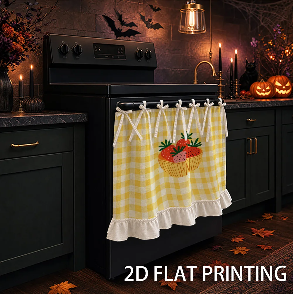 1PC kitchen stove curtain, cabinet curtain and apron. Featuring a 2D graphic design with a strawberry print on a yellow gingham