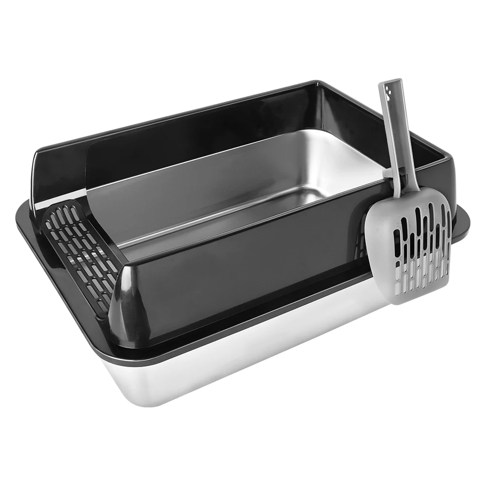 Litière Acier Inoxydable, Bac Litière pour Chat, Maison Toilette Chat Semi-fermé avec Protection Contre Eclaboussures, Pelle de Nettoyage Inclus, Litière pour Grands Chats, Chatons et Lapins