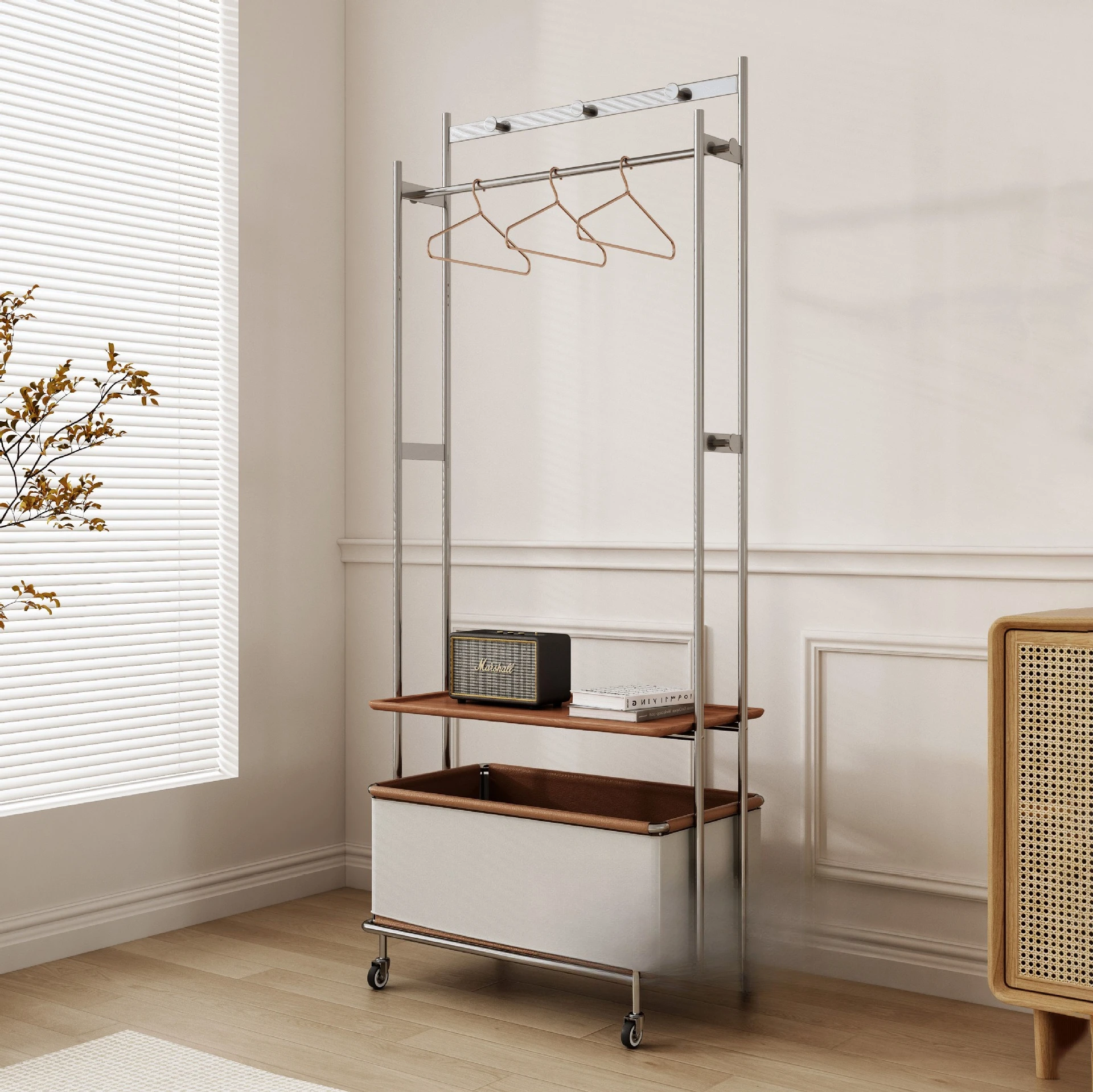 شماعة من الخشب الصلب من العصور الوسطى من الفولاذ المقاوم للصدأ، رف معطف أرضي متحرك، شقة صغيرة، غرفة نوم متعددة الوظائف #2