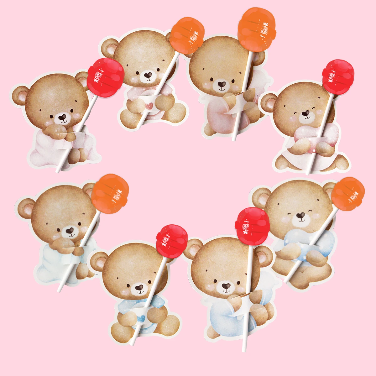 40pcs Blue Pink Bear Lollipop Cards Carton Bear Candy Holders For Kids Happy Birthday Party Baby Shower Candy Gift Accessory