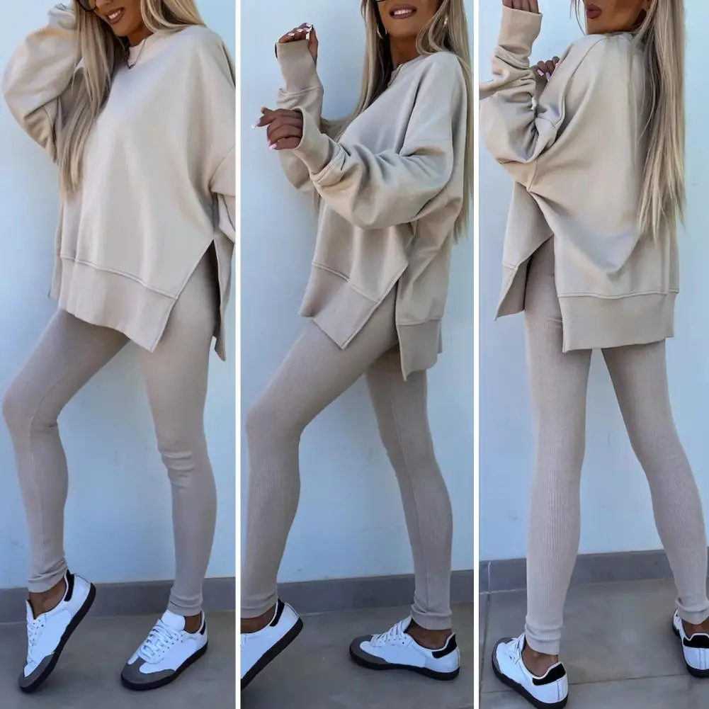 Women Long-sleeved Sweatshirt Set Stylish Women\'s Winter Tracksuit Set With Irregular Hem Sweatshirt Solid Color For Wear