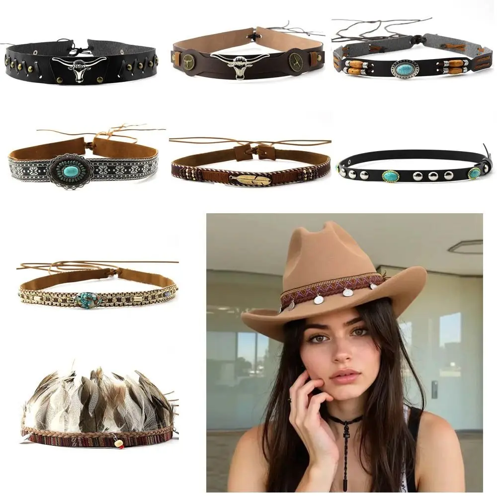 Fashion PU Cowhead Belt Handwoven Adjustable Belt Buckles Handmade Hat Decoration Men