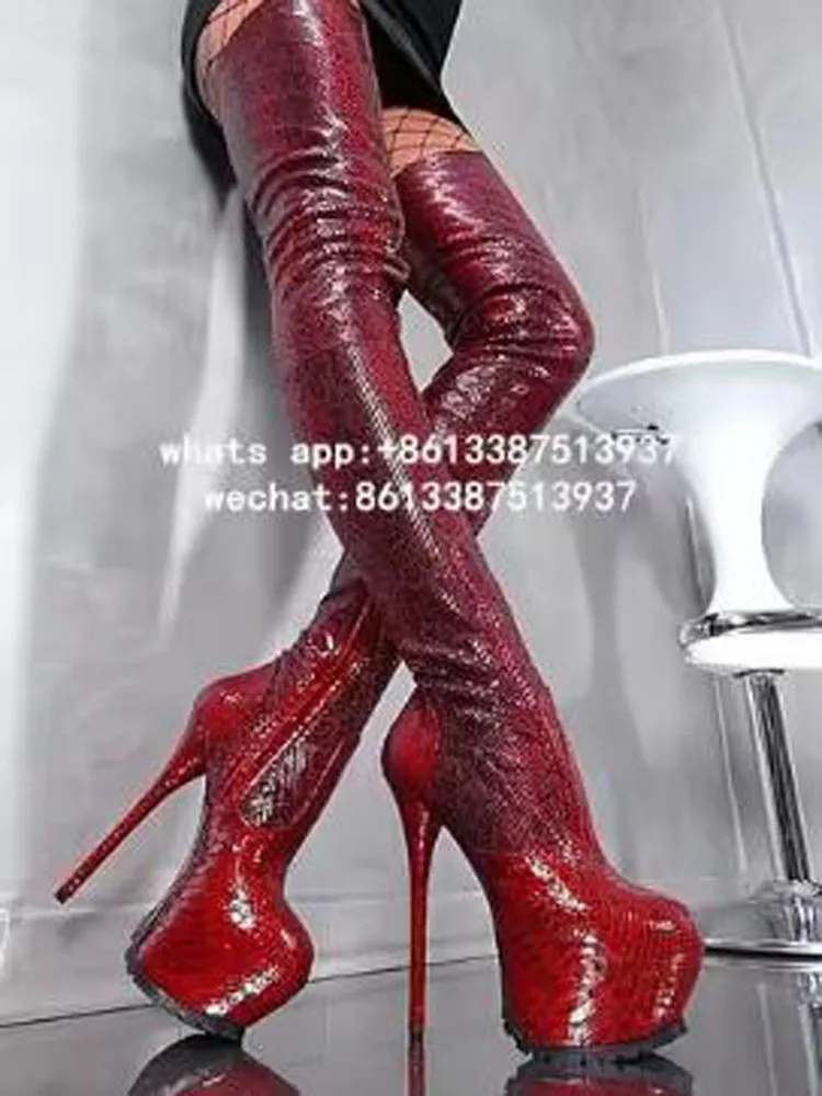 Women Python Gladiator Knee High Boots Red Wine Platform Zipper Over knee Booty HIgh Heel Slim Sexy Thigh Boots Plus Size 10