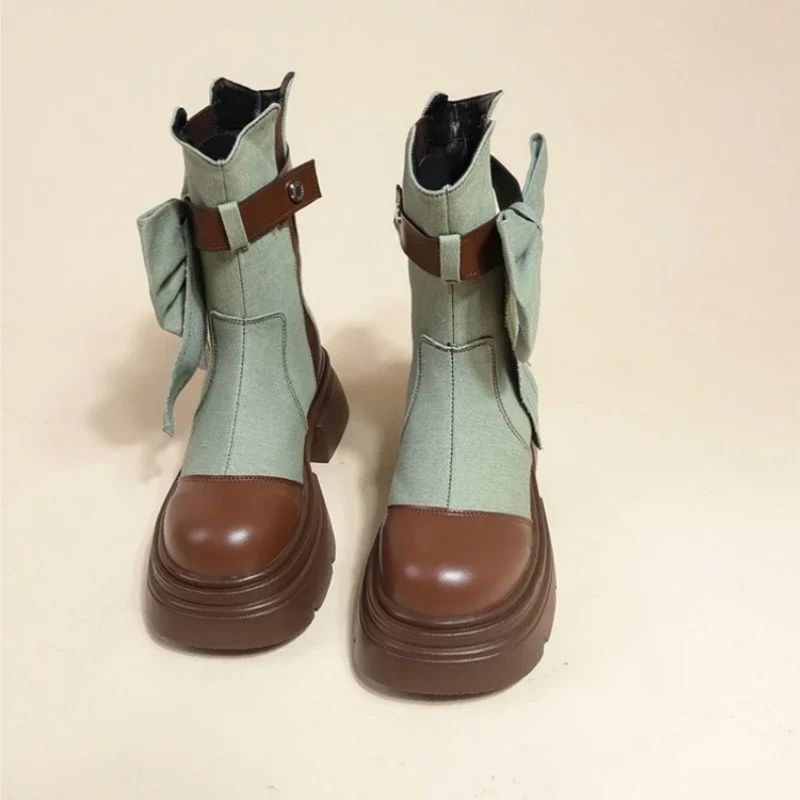 Bottes de rinçage à nœud papillon pour femmes, chaussons à enfiler pour dames, bottes de loisirs à plateforme, chaussures rondes, mode printemps et automne, nouveau