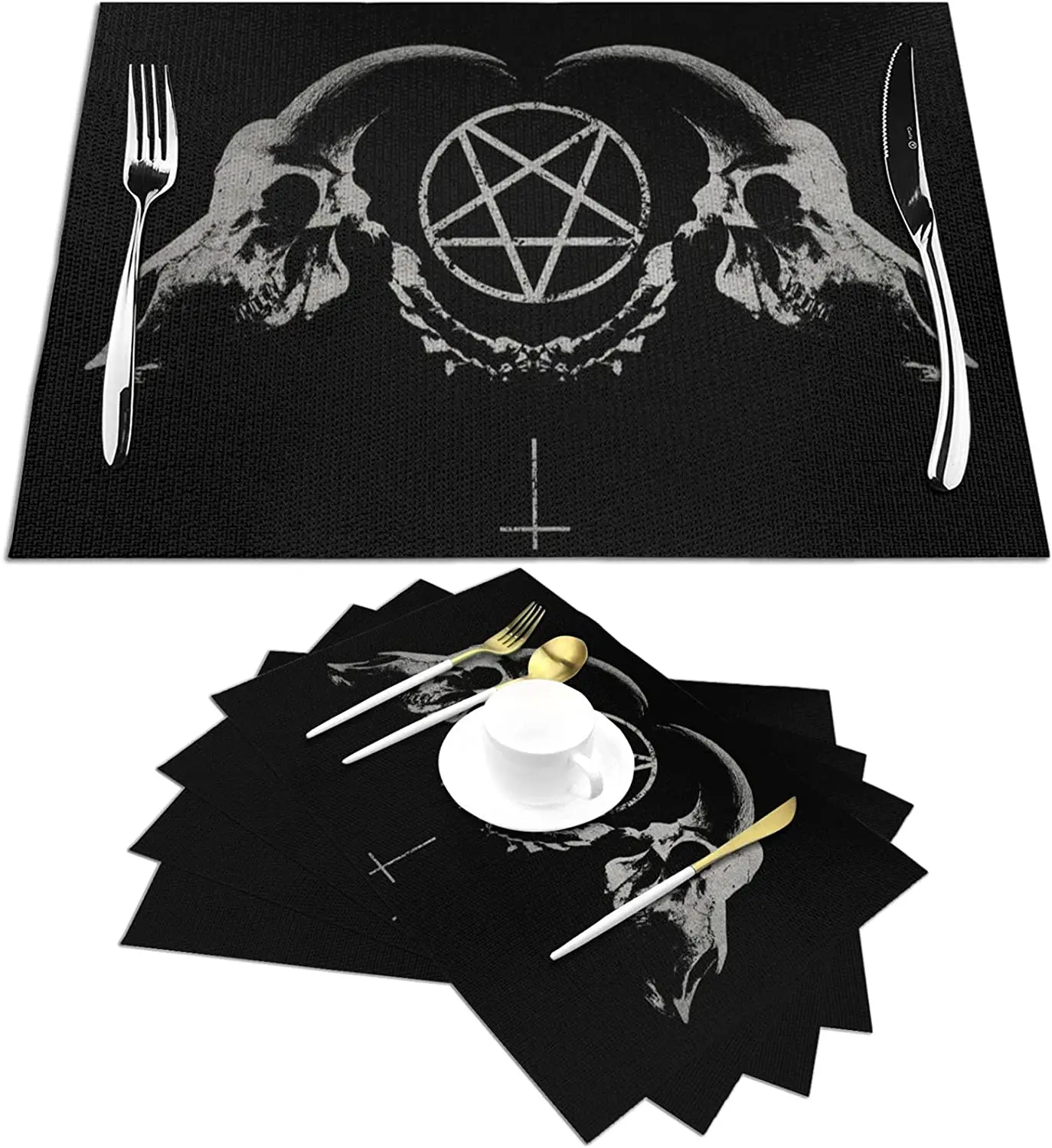 Gothic Occult Satan Penta Symbol Skull Placemats Set of 4 for Dining Table Plastic Wipeable Place Mats