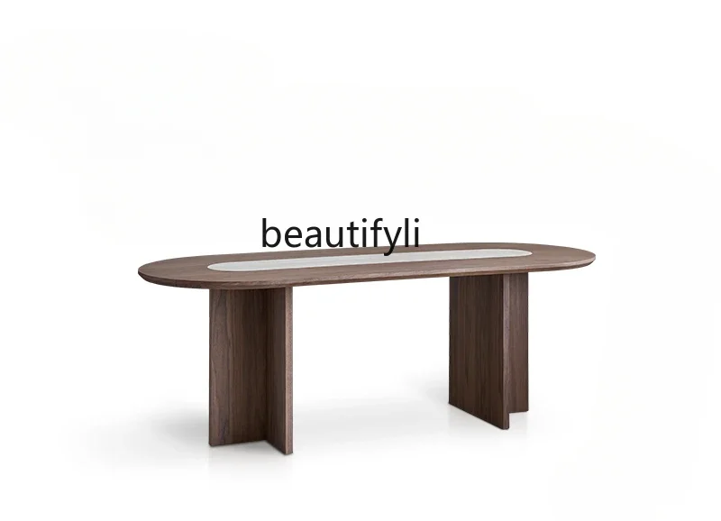 Medieval style solid wood oval retro designer home walnut color travertine dining table