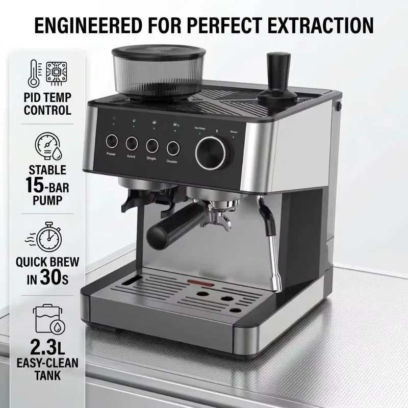 Coffee Machine 20Bar High Pressure Extraction 1.5L Water Tank Stainless Steel Shell With Temperature Control Espresso Machine