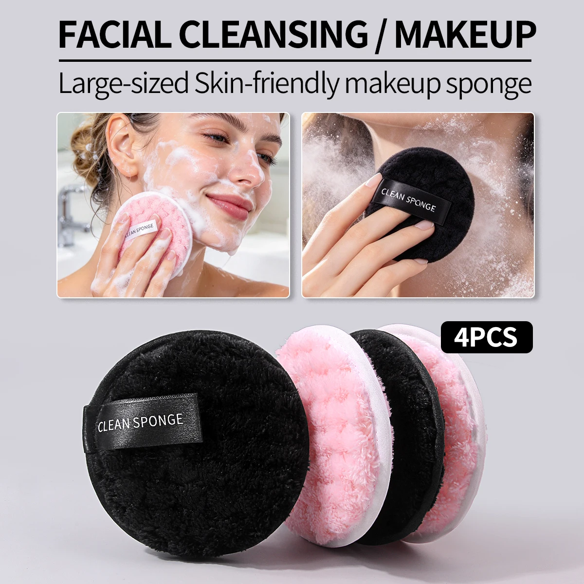 4Pcs Reusable Makeup Remover Pads, Soft Microfiber Facial Cleansing & Powder Puff, Dual Use for Makeup Removal & Setting Powder