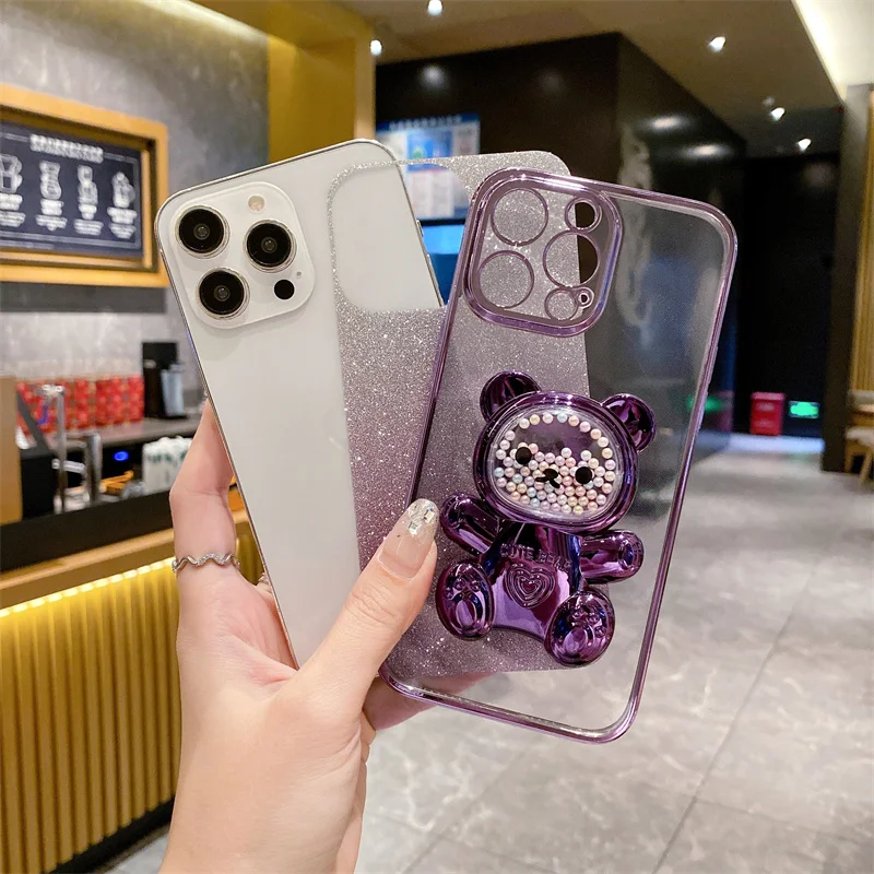 Electroplated Clear Glitter Powder Phone Case For iPhone 15 14 12 13 Pro Max Plus Cute Little Bear Stand Shockproof Back Cover