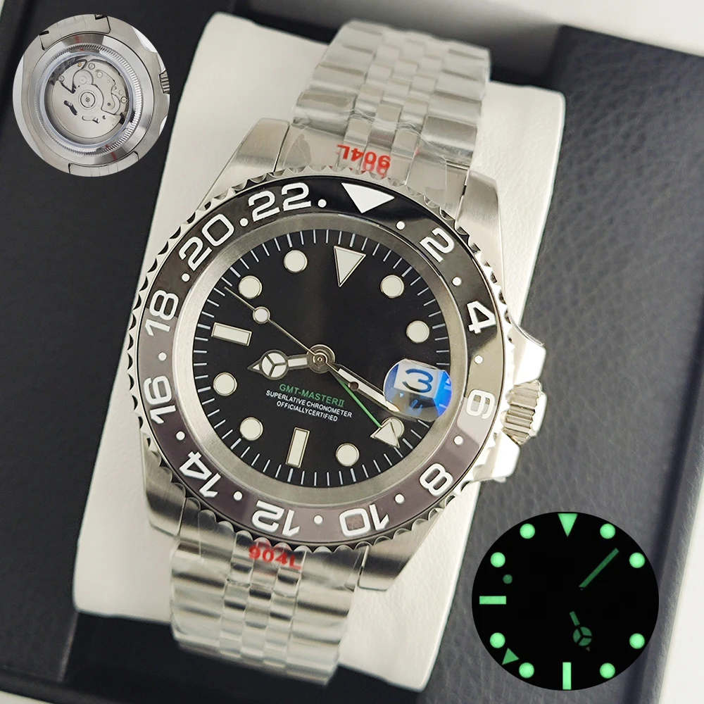 ساعات GMT للرجال ساعة يد ميكانيكية أوتوماتيكية فاخرة من زجاج الياقوت 40 ملم من الفولاذ المقاوم للصدأ مقاومة للماء