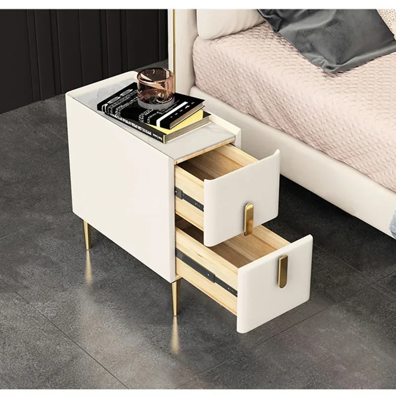 Solid Color Wooden 2 Drawer Narrow Bedside Table Nordic Style Faux Leather Bedroom Nightstands with Sintered Stone Top
