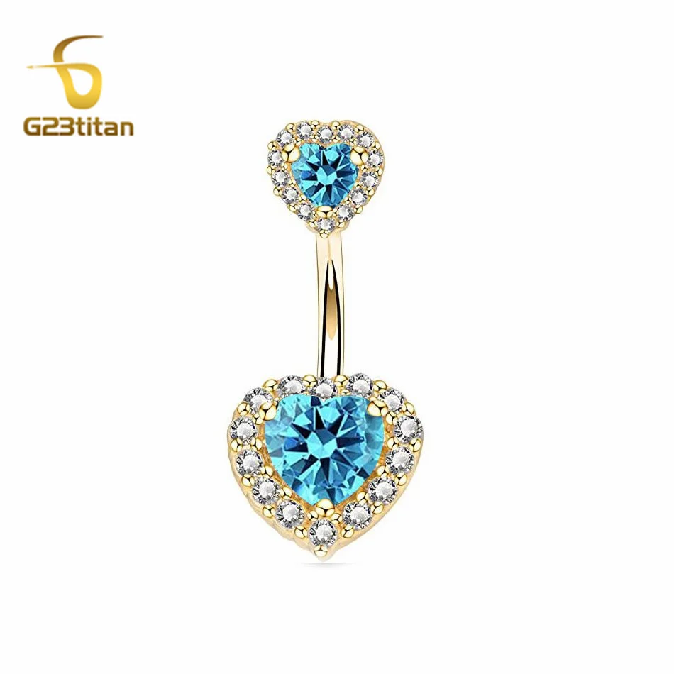 14G 6-16mm Titanium Curved Barbell Anti Allergic Belly Button Ring Lake Blue Zircon Heart Golden Navel Piercing Body Jewelry