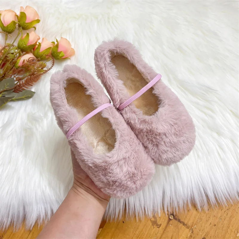 Furry Girls Shoes Soft Sole Comfortable Ballet Flats Elegant Plush Shallow Kids Princess Shoes Versatile Child Mary Janes 여아구두