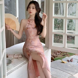 Pink Flower Print Qipao Sexy Halter Cheongsam Women New Chinese Style Dress Improved Slim Vestidos Long Summer Dresses