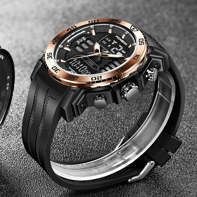 ساعة FOXBOX مزدوجة العرض للرجال، ساعة يد كوارتز رياضية عسكرية للرجال، مقاومة للماء، سيليكون تناظرية رقمية للرجال