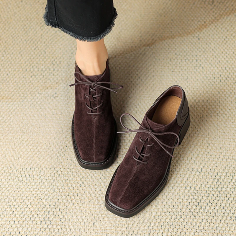 

NEW Spring/Autumn Women Shoes Square Toe Chunky Heel Casual Shoes Sheep Suede Leather Shoes for Women Retro Lace up Women Pumps