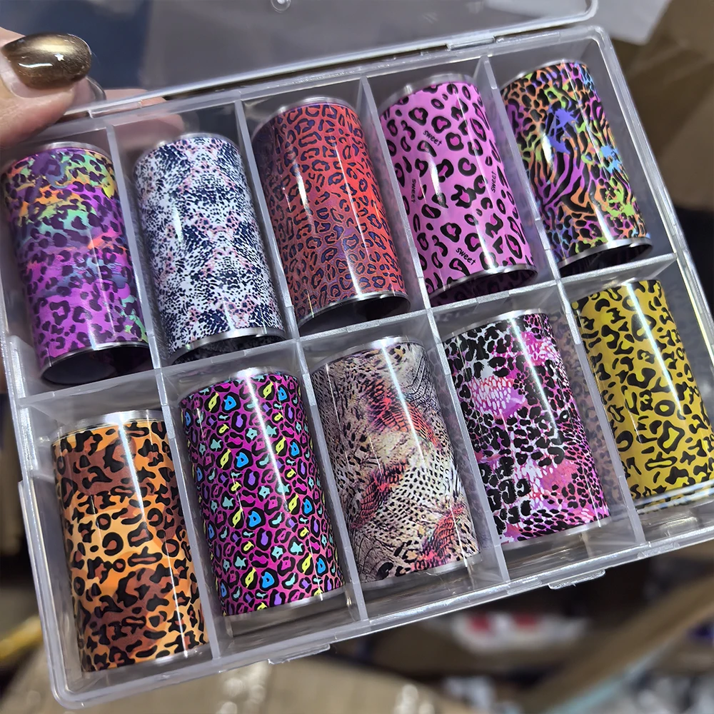 50*4cm Sweet Cool Pink Leopard Printed Nail Foil 10 Rolls Transfer Stickers Zebra Amber Animal Pattern Nail Transfer Accessories