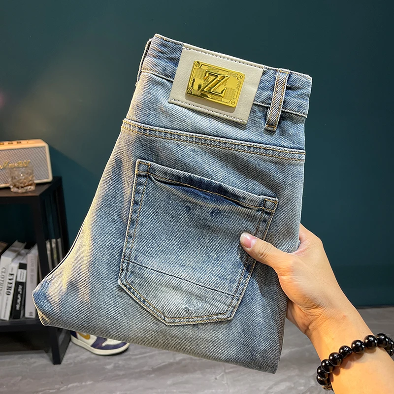 

TC5001 Summer denim shorts broken holes male tide Slim embroidery patches high-end elastic Chinese trousers