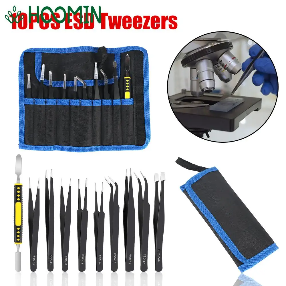 

10Pcs/Set Precision Anti-Static ESD Tweezers Industrial Repair Tools Stainless Steel Curved Straight Tweezers