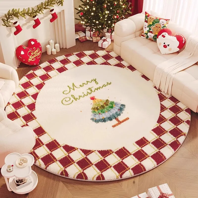 

Christmas Round Living Room Rug Cute Christmas Tree Print Bedroom Fluffy Rugs Festive Atmosphere Soft Coffee Table Floor Mats 러그