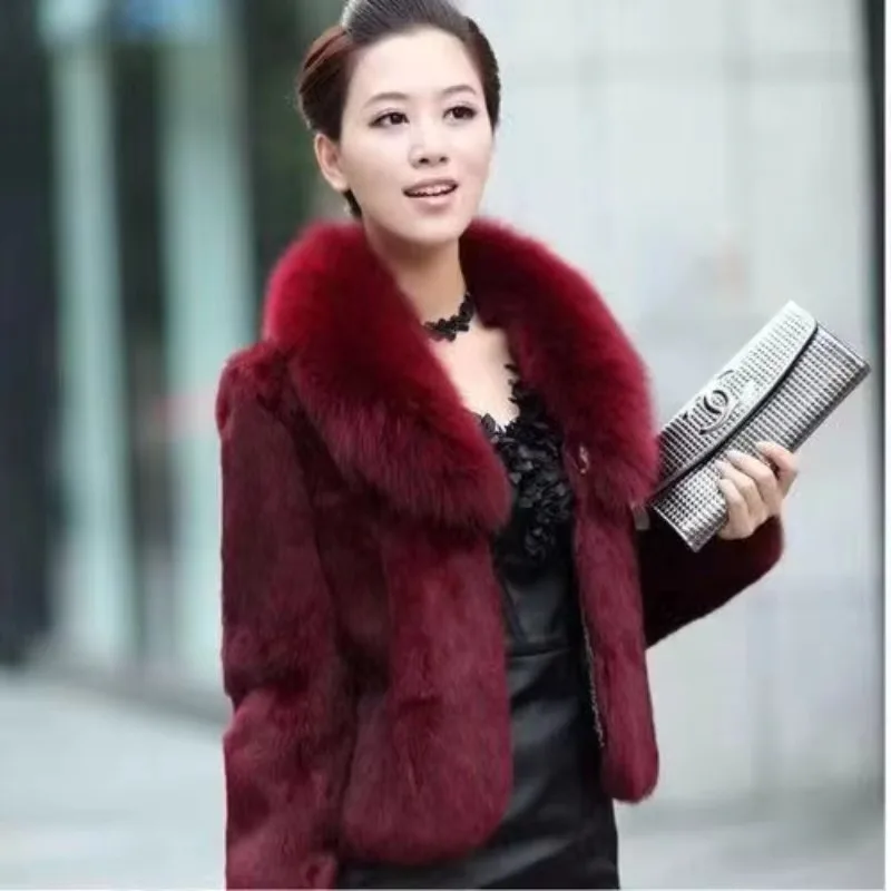 Women Spring Autumn Thin Slim Casual Furry Jackets Big Fur Collar Solid Colors Outwears New Fashion Warm Short Coats Red Jackets