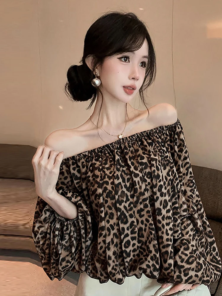 Laid-back Sexy One-Shoulder Pleated Long Sleeve Loose Slimming Top Women's Pure Desire Skeleton Exposure Shirt Girl's Style