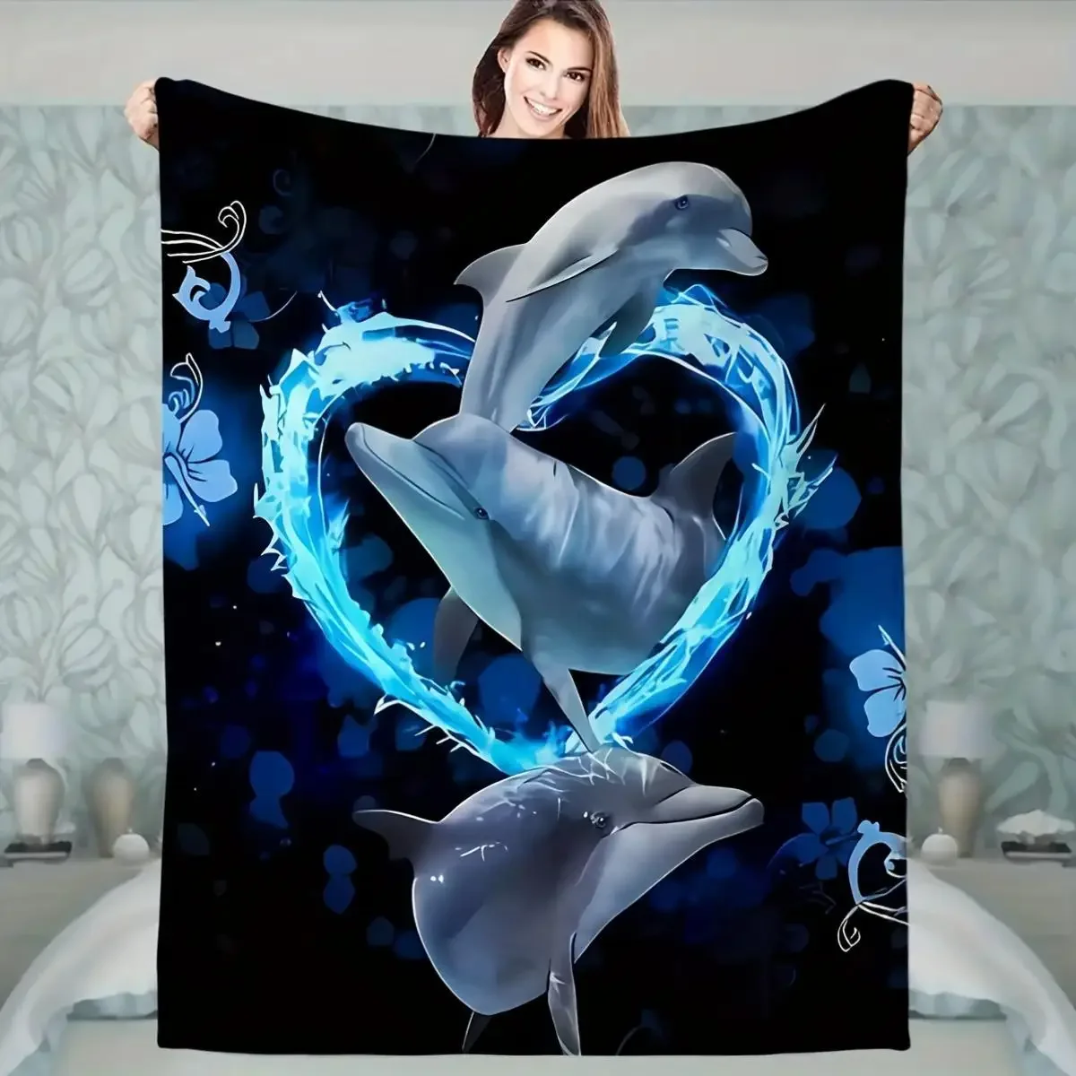 Modern Double-Sided Flannel Blanket with 3D Digital Dolphin Print - Multi-Purpose, All-Season Cozy Throw for Sofa