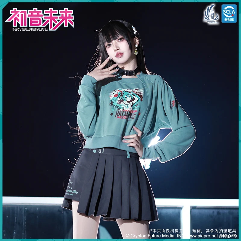 Hatsune Miku Hooded Sweatshirt for Men Women Casual Long Sleeve T-Shirt Pleated Skirt Vocaloid Cosplay Costume Original Clothing