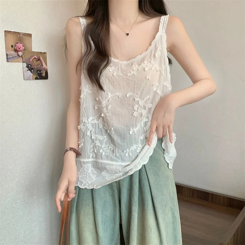 Coreano Chic Vintage Top ricamo floreale Kawaii pizzo fata scollo a v donna Camis vacanze estive spiaggia canotta Casual Y2K dolce