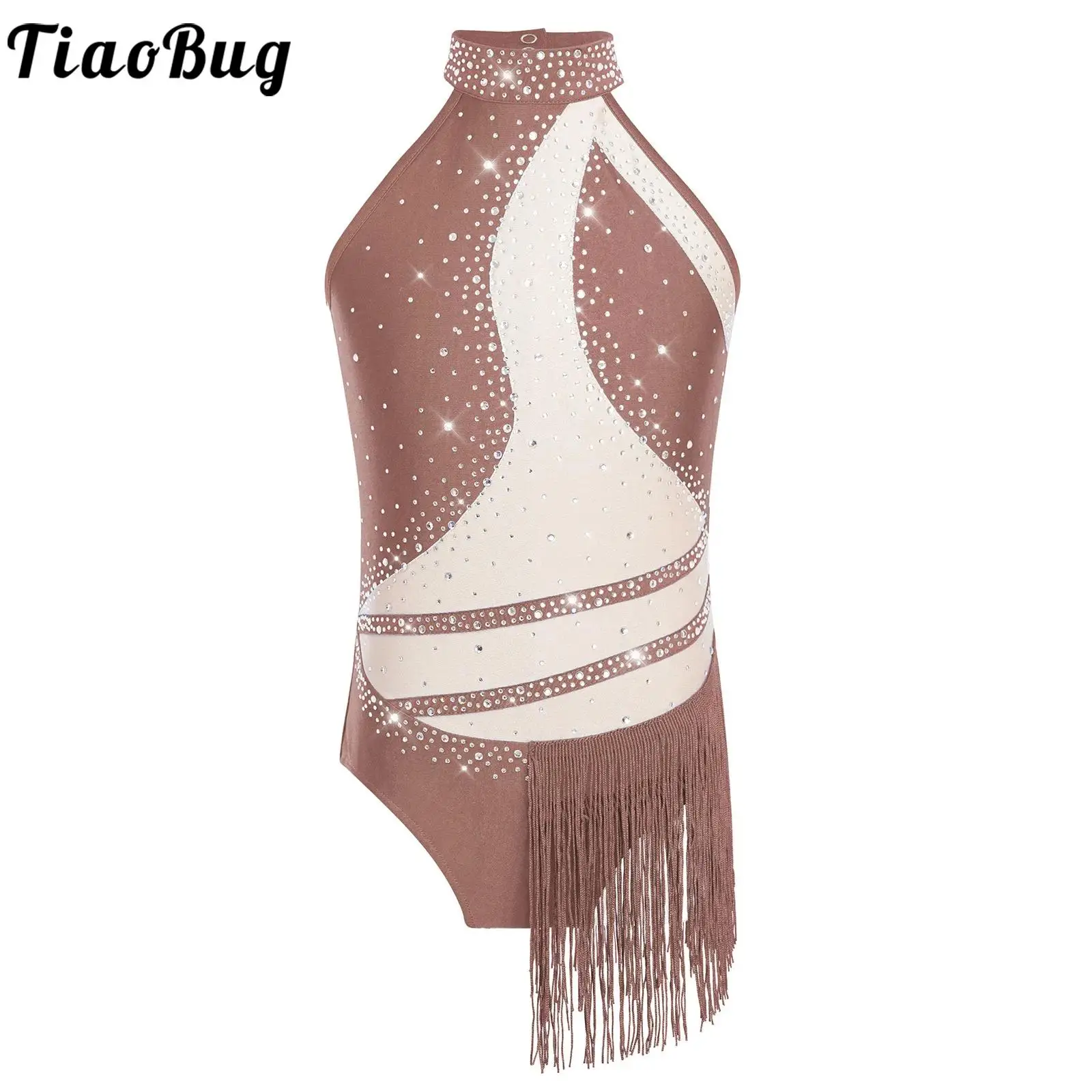 

Kid Girls Tassel Latin Dance Performance Leotards Figure Skating Ballet Costume Sleeveless Sparkly Rhinestones Fringed Bodysuit