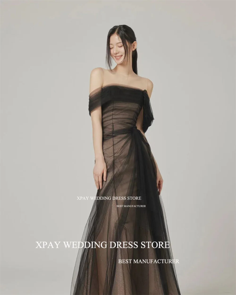 XPAY Modern Pleats Tulle Korea Mermaid Evening Dresses Off Shoulder Wedding Photos Shoot Backless Customised Formal Party Gown