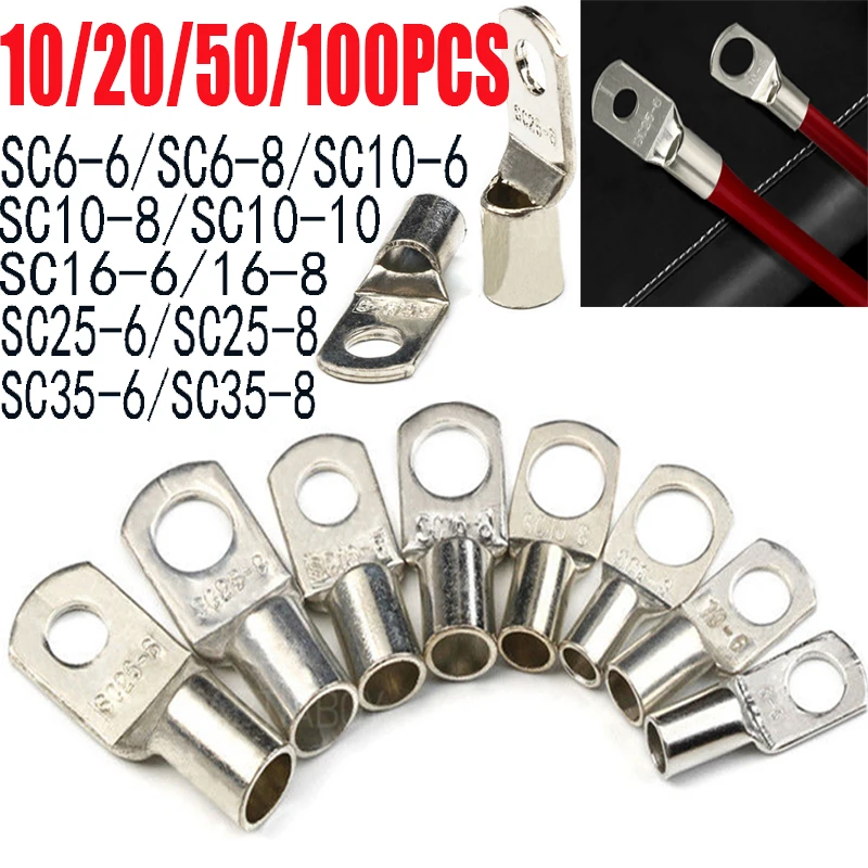 10/20/50/100Pcs SC Type Wire Nose TerminalSC2.5 SC6 SC10 SC16 SC25 SC35Bare Copper Battery Block Lugs Hole Crimp Cable Connector