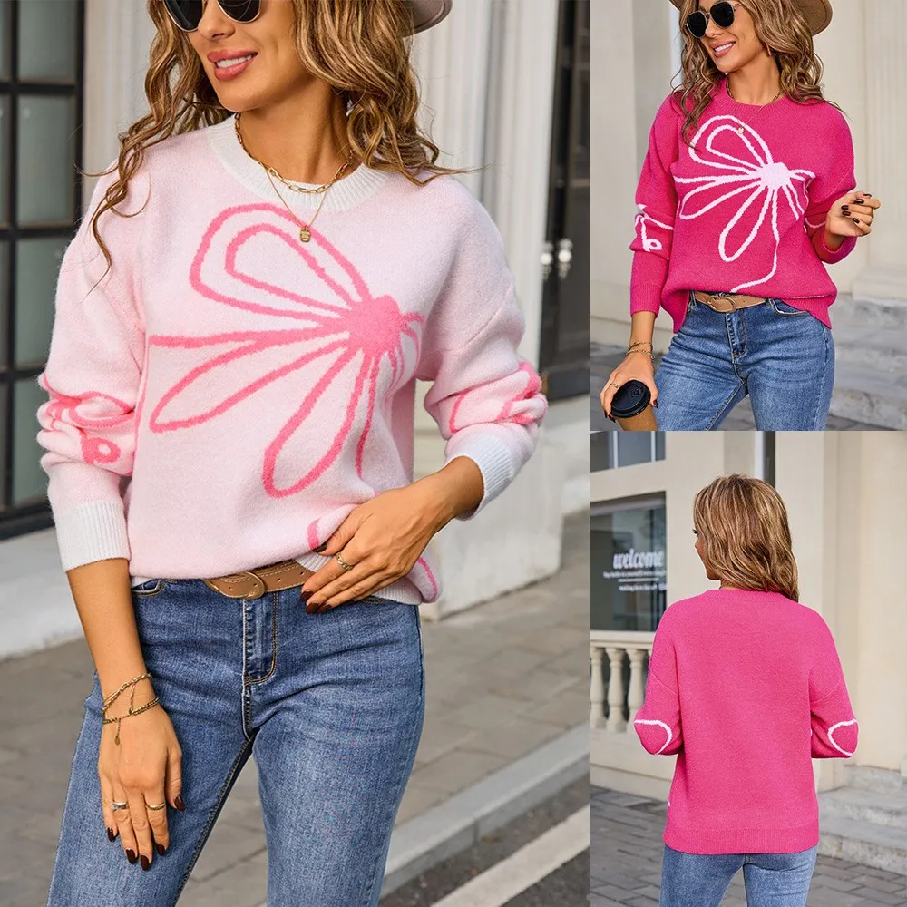 2026 Long Sleeves Pullover All-match Loose Simple Style Sweater Comfortable Women's Clothing Home Clothe Daily Commuting Bowknot