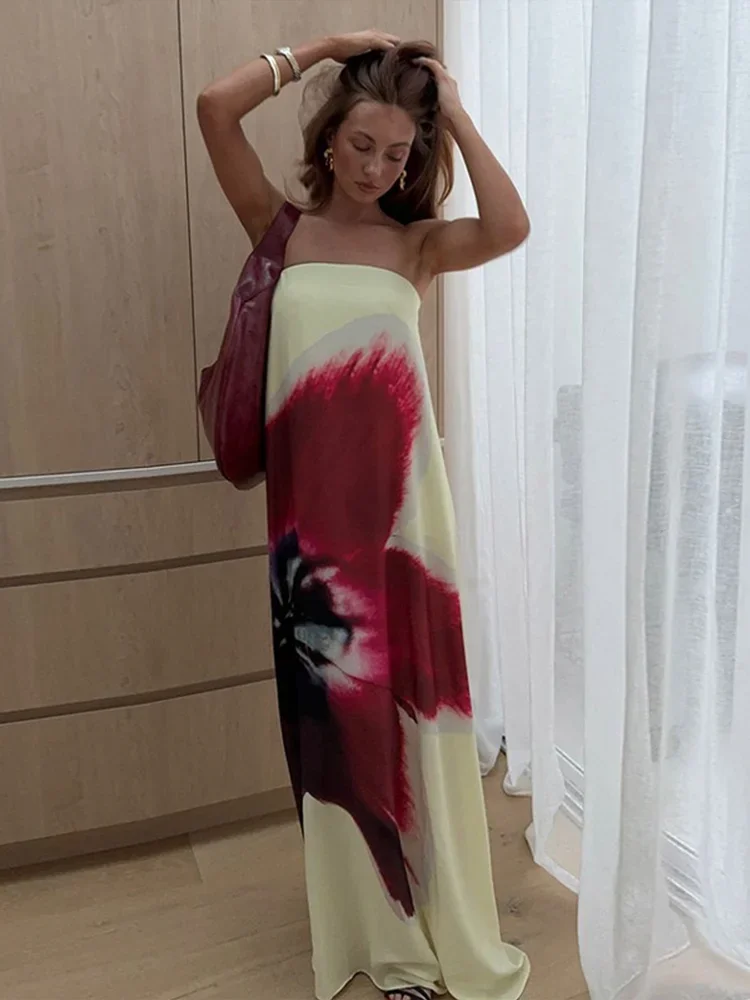 Women Summer New Floral Printed Strapless Loose Dresses Casual Off Shoulder Sleeveless Maxi Dress Lady Vacation Beach Robes
