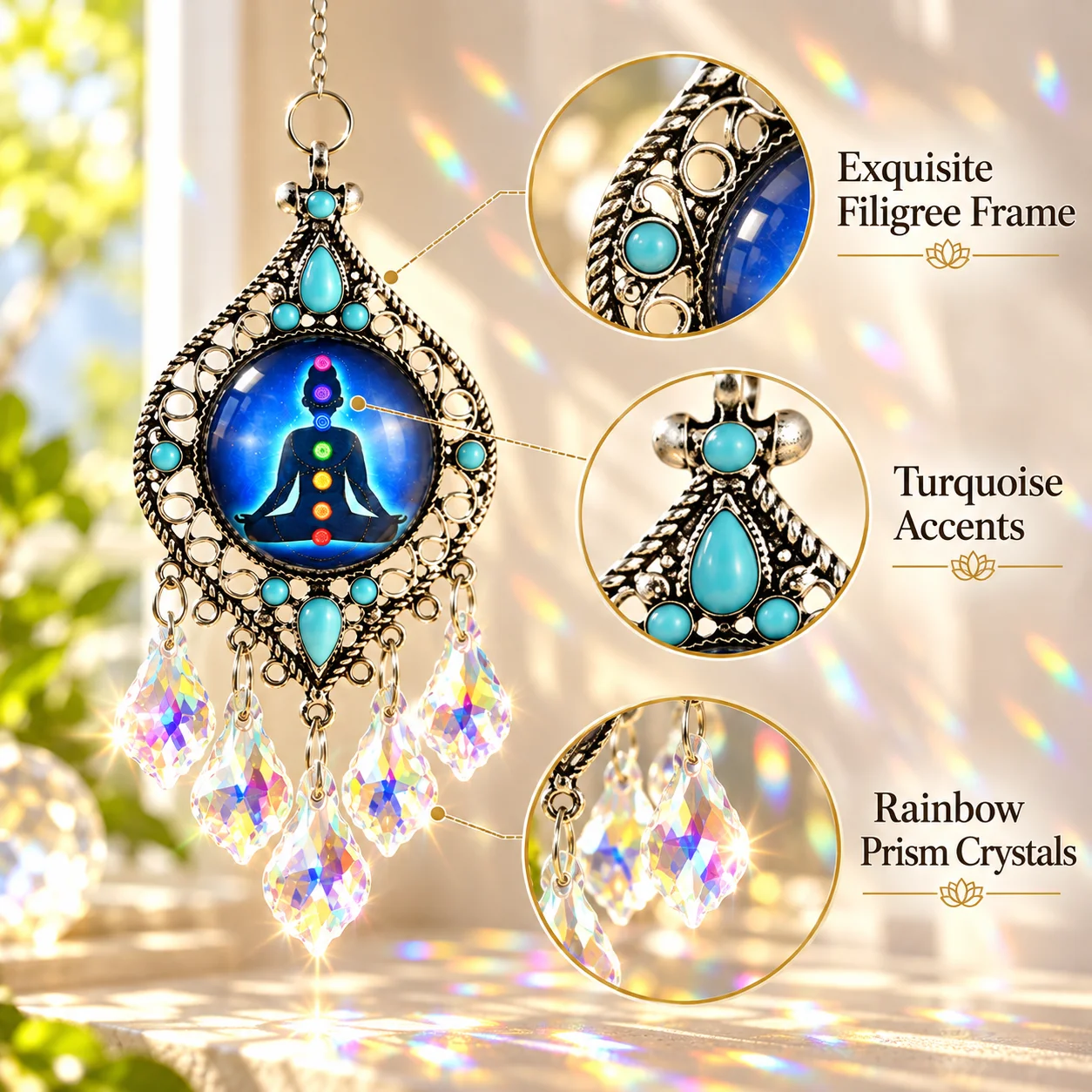 Chakra Yoga Meditation Crystal Suncatcher, Rainbow Light Prism Hanging Ornament, Turquoise Tassel Pendant for Window Home Decora