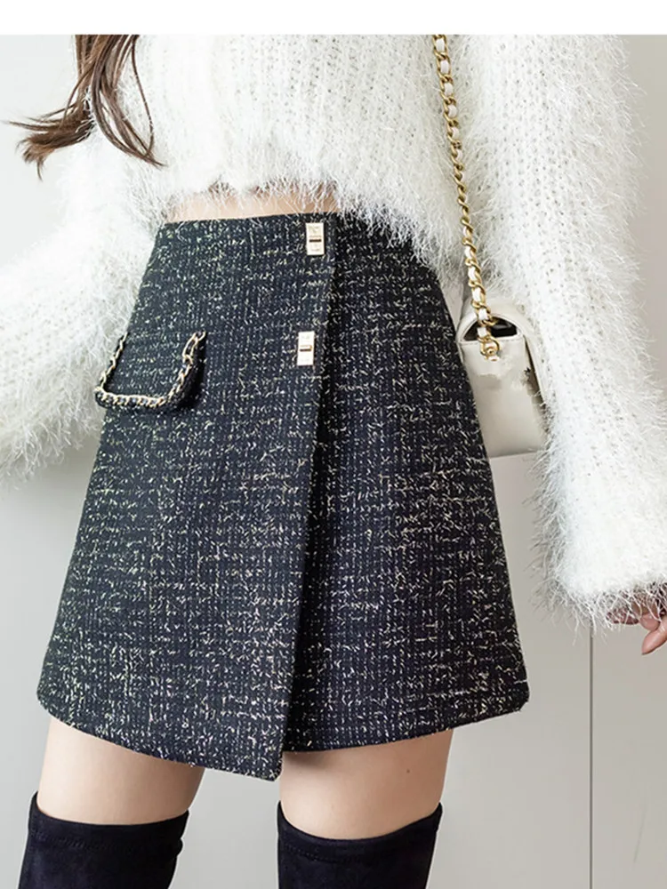 

Fashion Small Fragrant Style Woolen New Autumn Winter High Waist A-Line Tweed Shorts Skirt